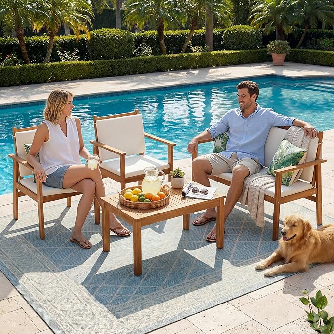 Devoko Patio Furniture 4 Piece Acacia Wood Outdoor Conversation Sofa Set - Image 5