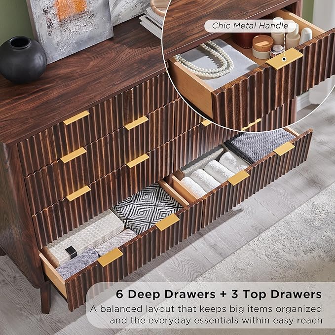 T4TREAM Fluted 9 Drawers Dresser, Curved Profile Design, Dresser TV Stand - Image 5
