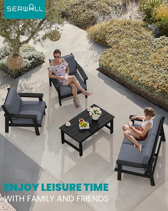 SERWALL HDPE Outdoor Furniture Set, 7 Piece All Weather Wood-Like Outdoor Sofa - Image 9