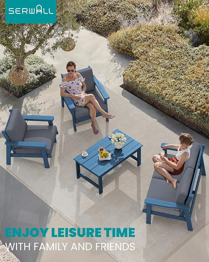 SERWALL HDPE Outdoor Furniture Set, 7 Piece All Weather Wood-Like Outdoor Sofa - Image 9