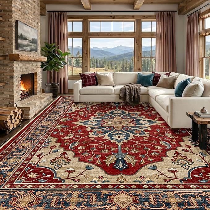 RELEANY Area Rugs 9'x12' Washable Non-Slip, Floral Vintage Distress Print by RELEANY