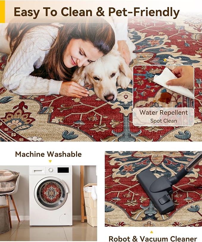 RELEANY Area Rugs Round 8ft Washable Non-Slip, Floral Vintage Distress Print - Image 5