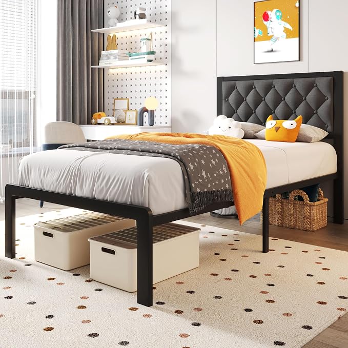 Fluest Twin Bed Frame with Headboard Linen Upholstered Bed Frame Platform - Image 3