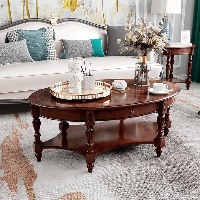LEEMTORIG Oval Round End Table, 2-Tier Cherry Wood End Table Solid Wood Side - Image 8