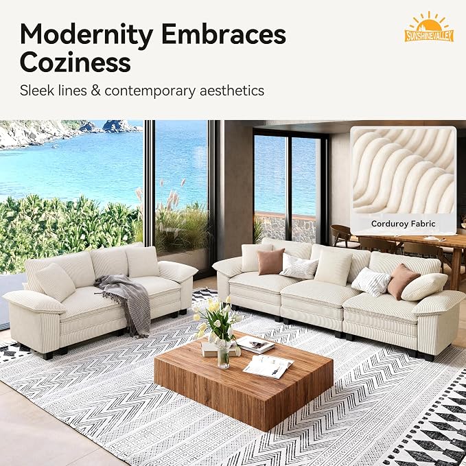 SUNSHINE VALLEY 3 Piece Living Room Sofa Furniture Set, Corduroy Modular 2 - Image 8