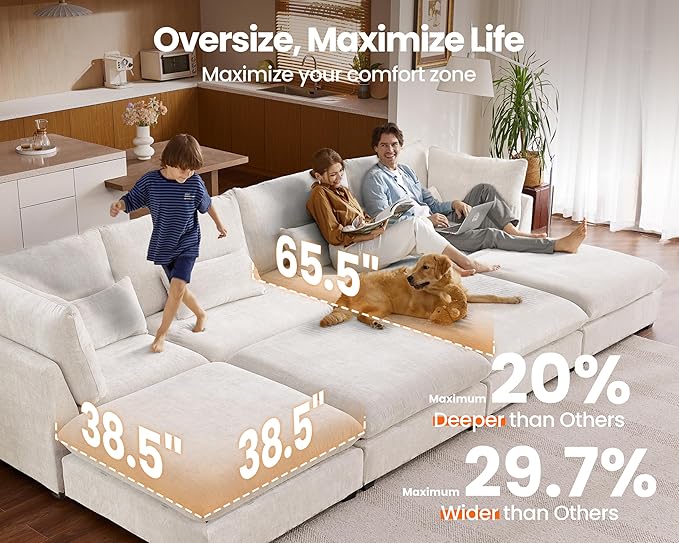 115" Oversized Chenille Couch Modular Sectional Sofa, Washable Cloud Couch - Image 3