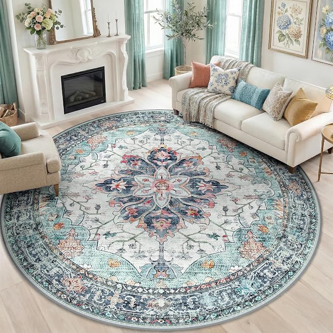 RELEANY Area Rugs 8ft Washable Non-Slip, Floral Vintage Distress Print Pattern by RELEANY