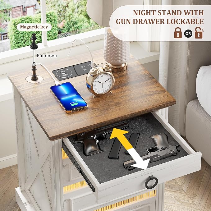 Farmhouse Night Stand with Gun Drawer, Bedside Table with Charger Station - Image 3