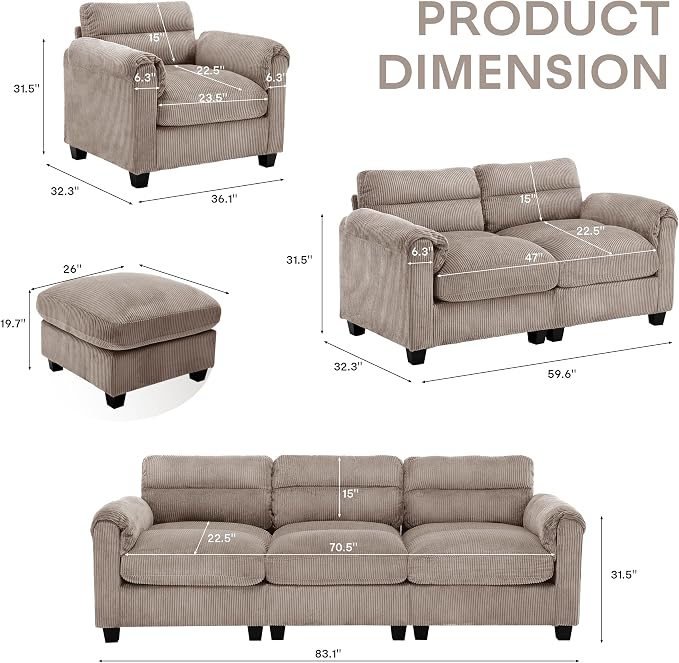 HAOMARKETS Corduroy Sofa Set, Upholstered Armchair and 3-Seater Couch - Image 2