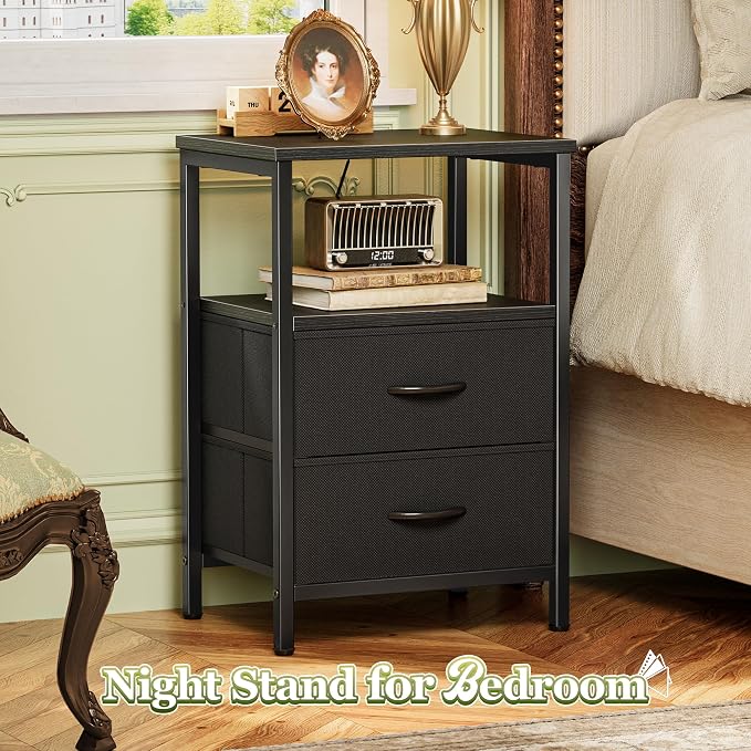 Huuger Night Stand with 2 Drawers, Bed Side Table with Open Shelf, Wooden Top - Image 4