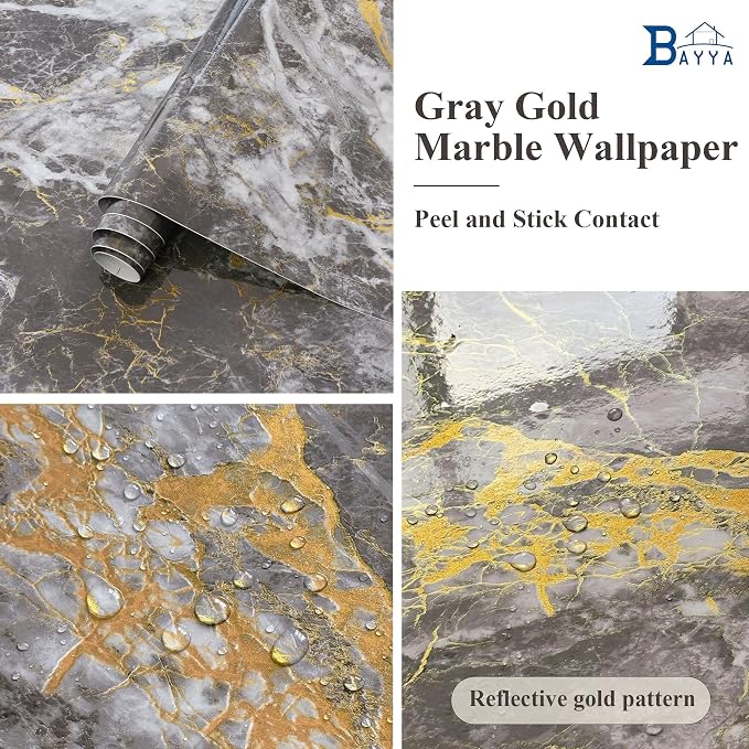 BAYYA 31.5"x80" Glossy Grey Marble Contact Paper - Image 6