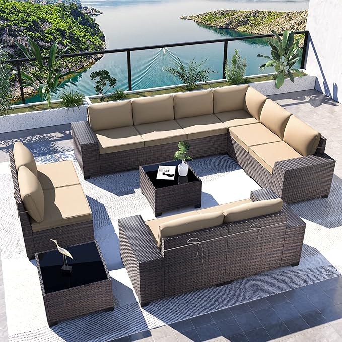 Kullavik Outdoor Patio Furniture Set, 12 Pieces Sectional Rattan Sofa Set Brown by KULLAVIK