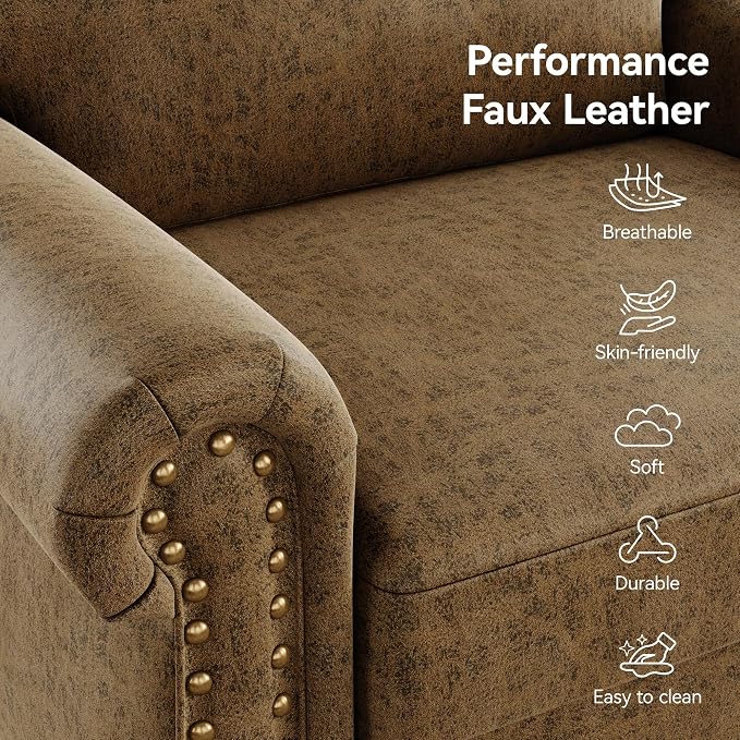 Nailhead Trim Accent Chairs Set of 2, Faux Leahter Mid Century Modern Living - Image 5