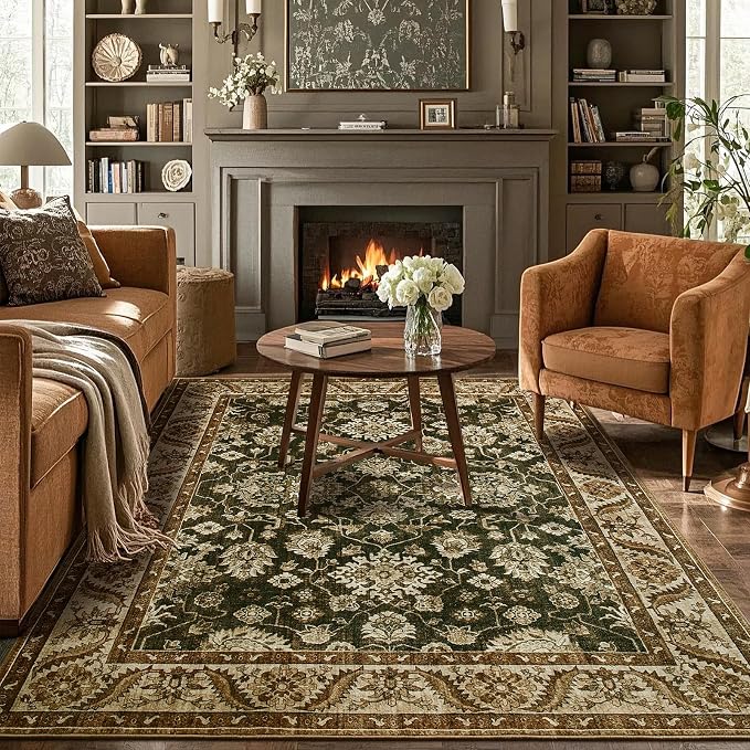 Area Rugs for Living Room, 6x9 Washable Area Rug for Bedroom, Retro Floral by Rtizon