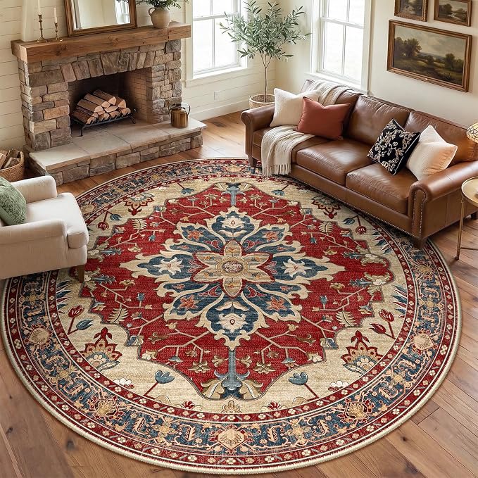 RELEANY Area Rugs Round 8ft Washable Non-Slip, Floral Vintage Distress Print by RELEANY