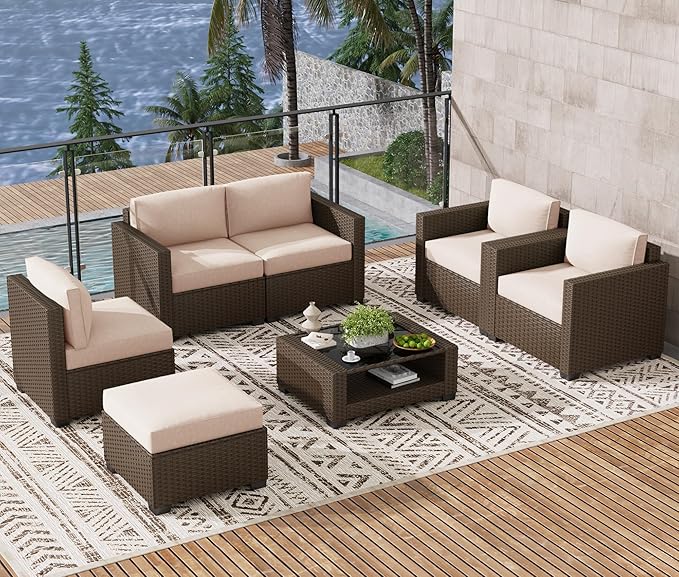 LOUVIXA 7 Piece Outdoor Patio Furniture Set, Rattan Chairs Glass Table Wicker by LOUVIXA