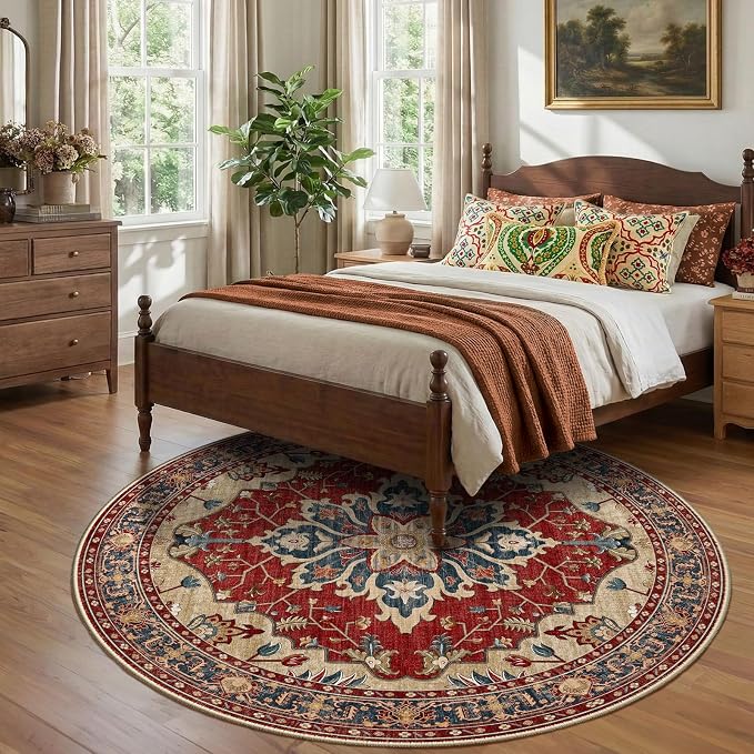 RELEANY Area Rugs Round 8ft Washable Non-Slip, Floral Vintage Distress Print - Image 3