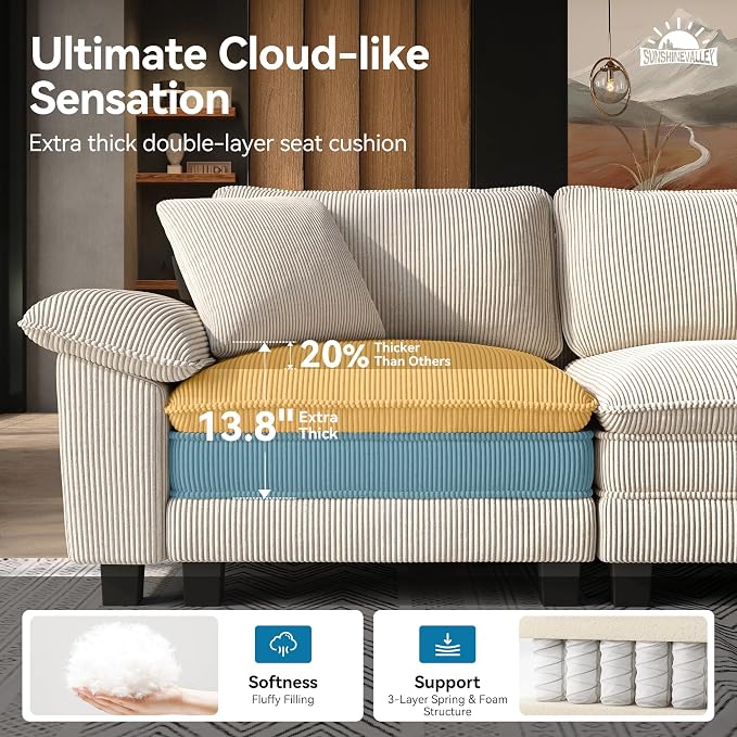 SUNSHINE VALLEY 87.5'' Oversized Loveseat Couch and Chair Set, 3-Seat Corduroy - Image 3