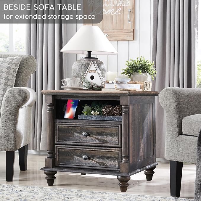 T4TREAM 24'' Farmhouse End Table w/4 Solid Wood Feet Set of 2, Large 2 Drawers - Image 5