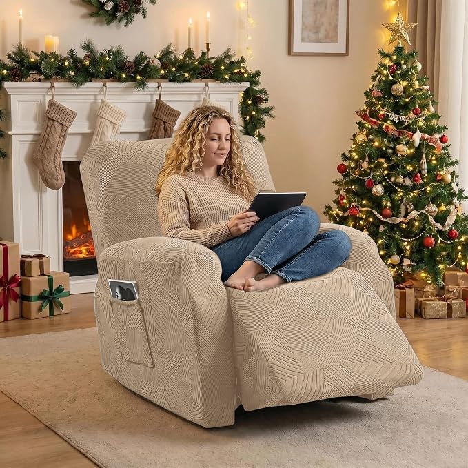 Recliner Chair Covers, 4-Piece Stretch Geometric Strokes Jacquard Reclining - Image 5