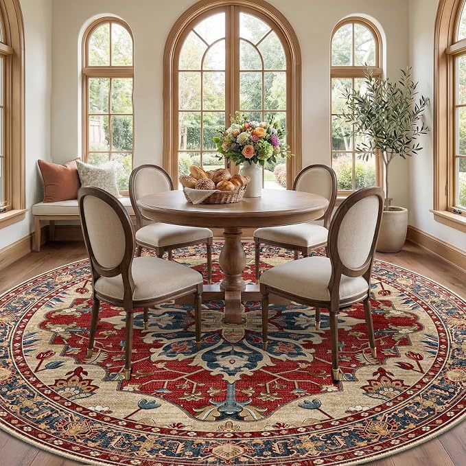 RELEANY Area Rugs Round 8ft Washable Non-Slip, Floral Vintage Distress Print - Image 2