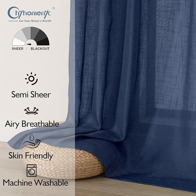 Chyhomenyc Extra Long Navy Blue Semi Sheer Curtains 108 Inches Long 2 Panels Set - Image 2