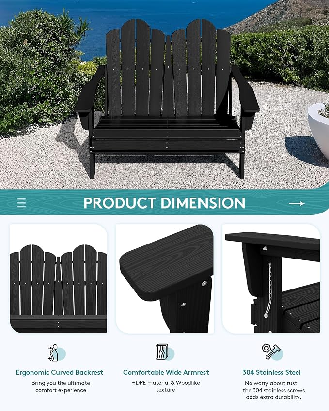SERWALL Folding Adirondack Bench, HDPE All-Weather Adirondack Loveseat - Image 5