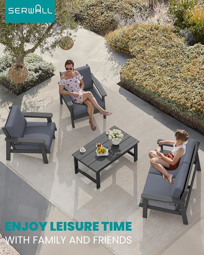 SERWALL HDPE Outdoor Furniture Set, 7 Piece All Weather Wood-Like Outdoor Sofa - Image 8