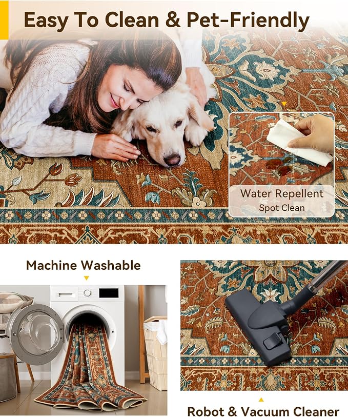RELEANY Area Rugs Square 6ft Washable Non-Slip, Floral Vintage Distress Print - Image 4