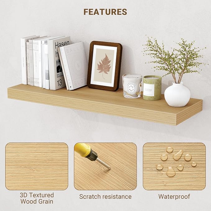 Acovy 16 Inch Floating Shelves, 3D Textured Wood Grain, Wooden Shelves - Image 5