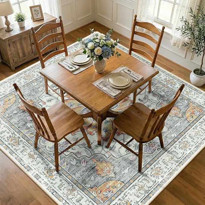 RELEANY Area Rugs Square 7ft Washable Non-Slip, Floral Vintage Distress Print by RELEANY