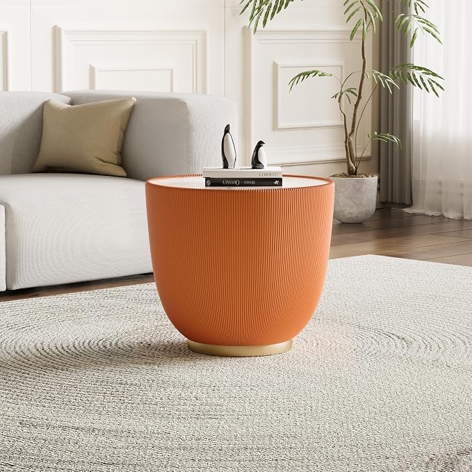 Henf Marble Round Side Table, 19.7" Fluted End Table - Image 5