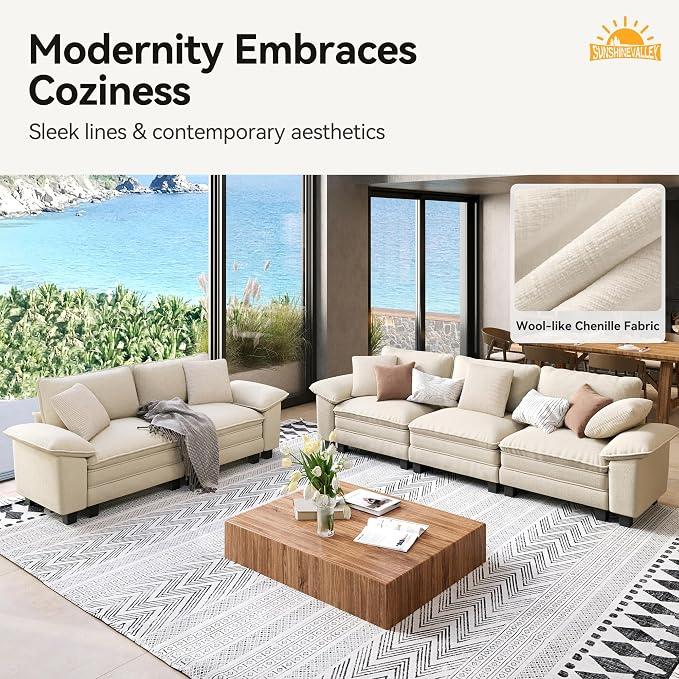SUNSHINE VALLEY 3 Piece Living Room Sofa Furniture Set, Chenille Modular - Image 8