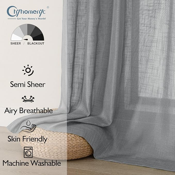 Chyhomenyc Extra Long Charcoal Grey Semi Sheer Curtains 120 Inches Long 2 Panels - Image 2