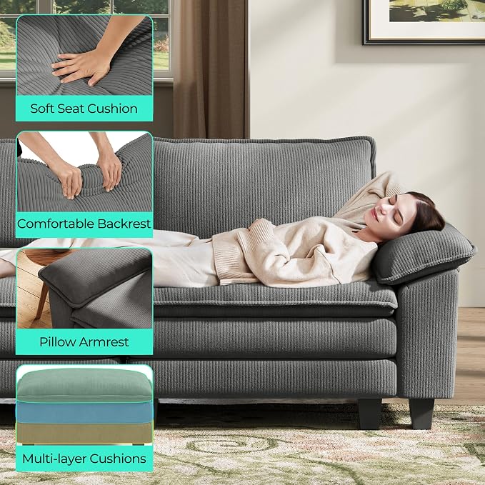 LINSY HOME 90" Modular Cloud Love Seat Sofa, Corduroy Soft Sectional Couch - Image 4