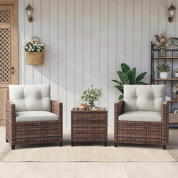 3-Piece Patio Furniture Set, Outdoor PE Rattan Chair by GAOMON