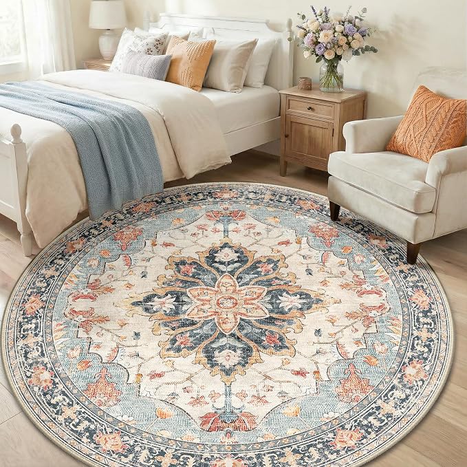 RELEANY Area Rugs Round 6ft Washable Non-Slip, Floral Vintage Distress Print - Image 3