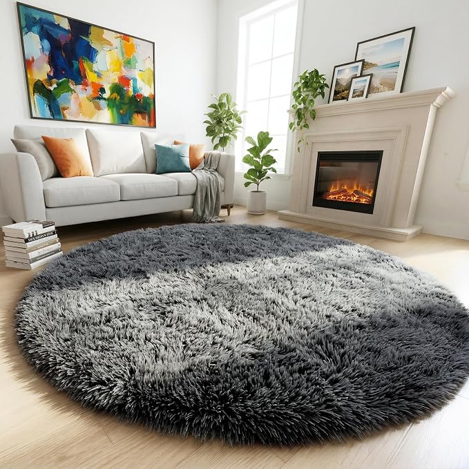 Grey Round Rugs 5Ft for Living Room Bedroom Aesthetic, Fluffy Fuzzy Shag Shaggy - Image 3