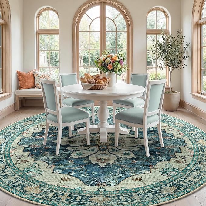 RELEANY Area Rugs Round 8ft Washable Non-Slip, Floral Vintage Distress Print - Image 2
