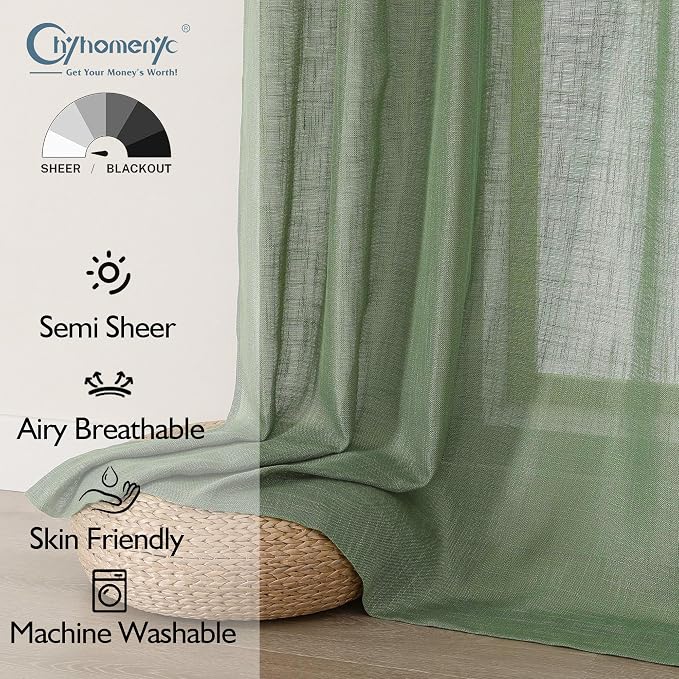 Chyhomenyc Sage Green Semi Sheer Curtains 96 Inches Long 2 Panels - Image 2