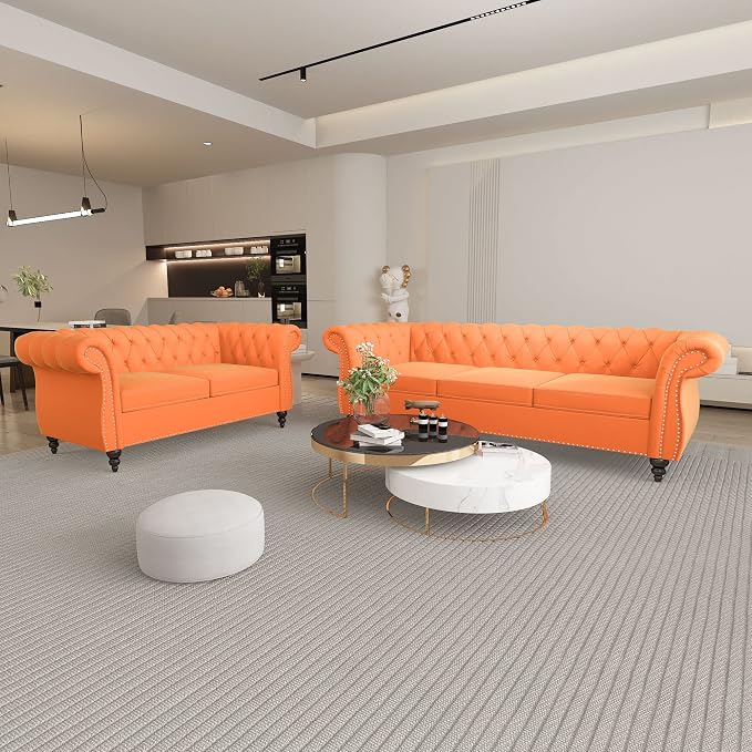 ORRD 2 Piece Living Room Set, Velvet Chesterfield Sofa Loveseat Couch - Image 9