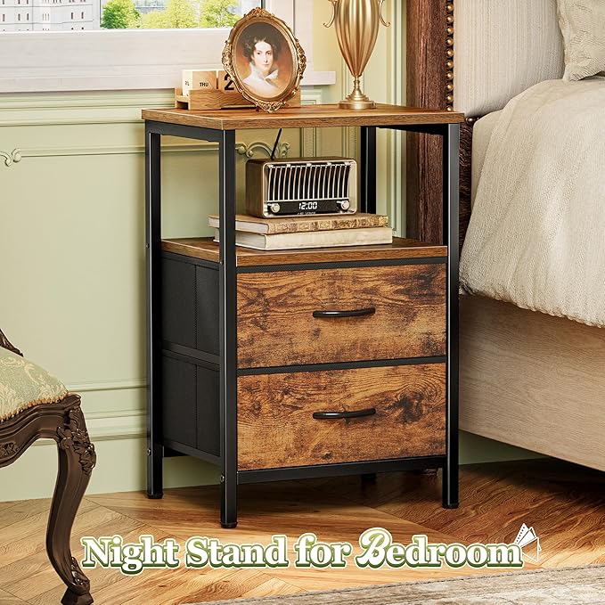 Huuger Night Stand with 2 Drawers, Bed Side Table with Open Shelf, Wooden Top - Image 4