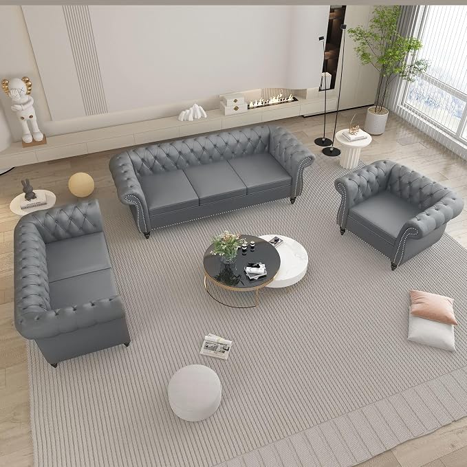 QHITTY 3 Piece Living Room Set, Sectional Chesterfield Sofa Chair Contemporary by QHITTYFurnitureLife