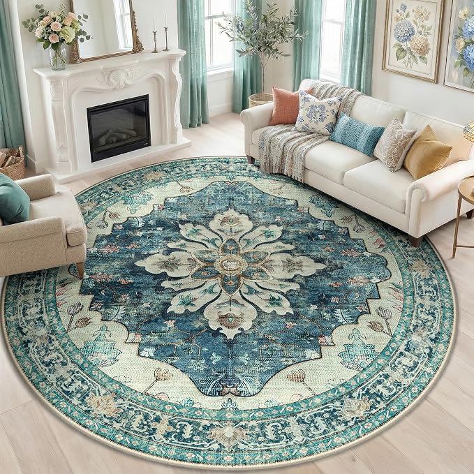 RELEANY Area Rugs Round 8ft Washable Non-Slip, Floral Vintage Distress Print by RELEANY