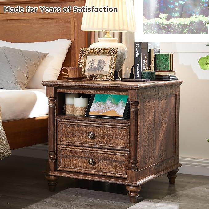 T4TREAM 24'' Farmhouse End Table w/4 Solid Wood Feet Set of 2, Large 2 Drawers - Image 2