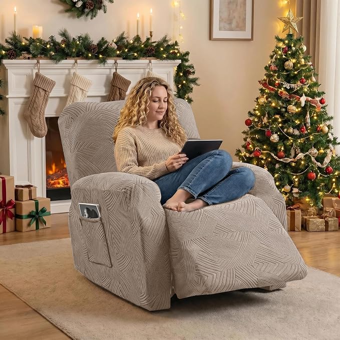 Oversized Recliner Chair Covers, 4-Piece Stretch Geometric Strokes Jacquard - Image 5