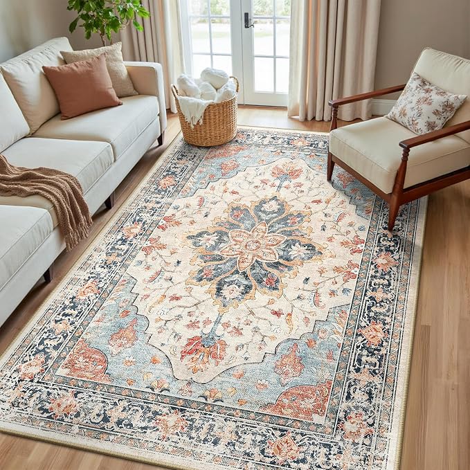 RELEANY Area Rugs 5'x8' Washable Non-Slip, Floral Vintage Distress Print by RELEANY