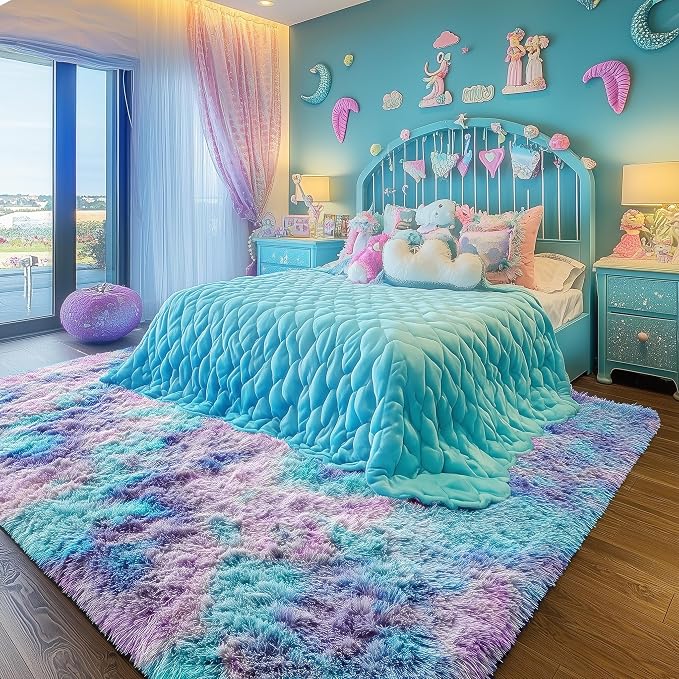 PAGISOFE Cute Furry Pastel Rug for Girls Bedroom, Soft Adorable Rainbow Purple - Image 4